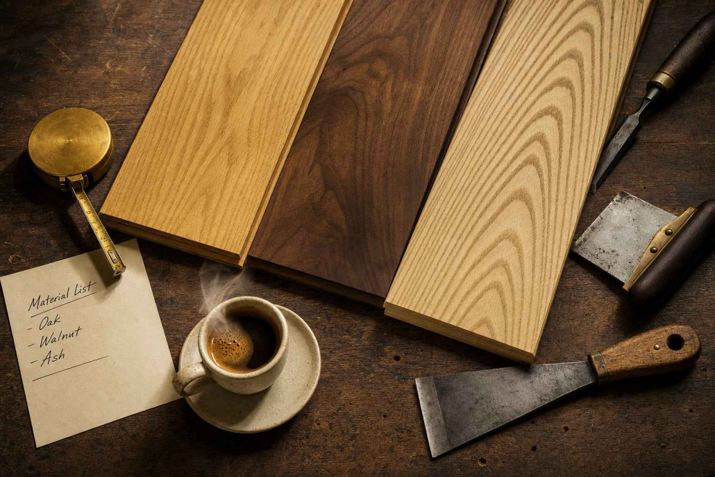 Holzmuster und Werkzeug eines Bodenlegermeisters — handwerkliche Qualität bei Bruderer Wohnen