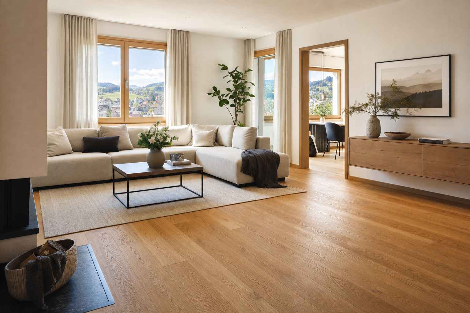 Bodenbeläge Herisau – helles Wohnzimmer Qualitätsböden Bruderer Wohnen