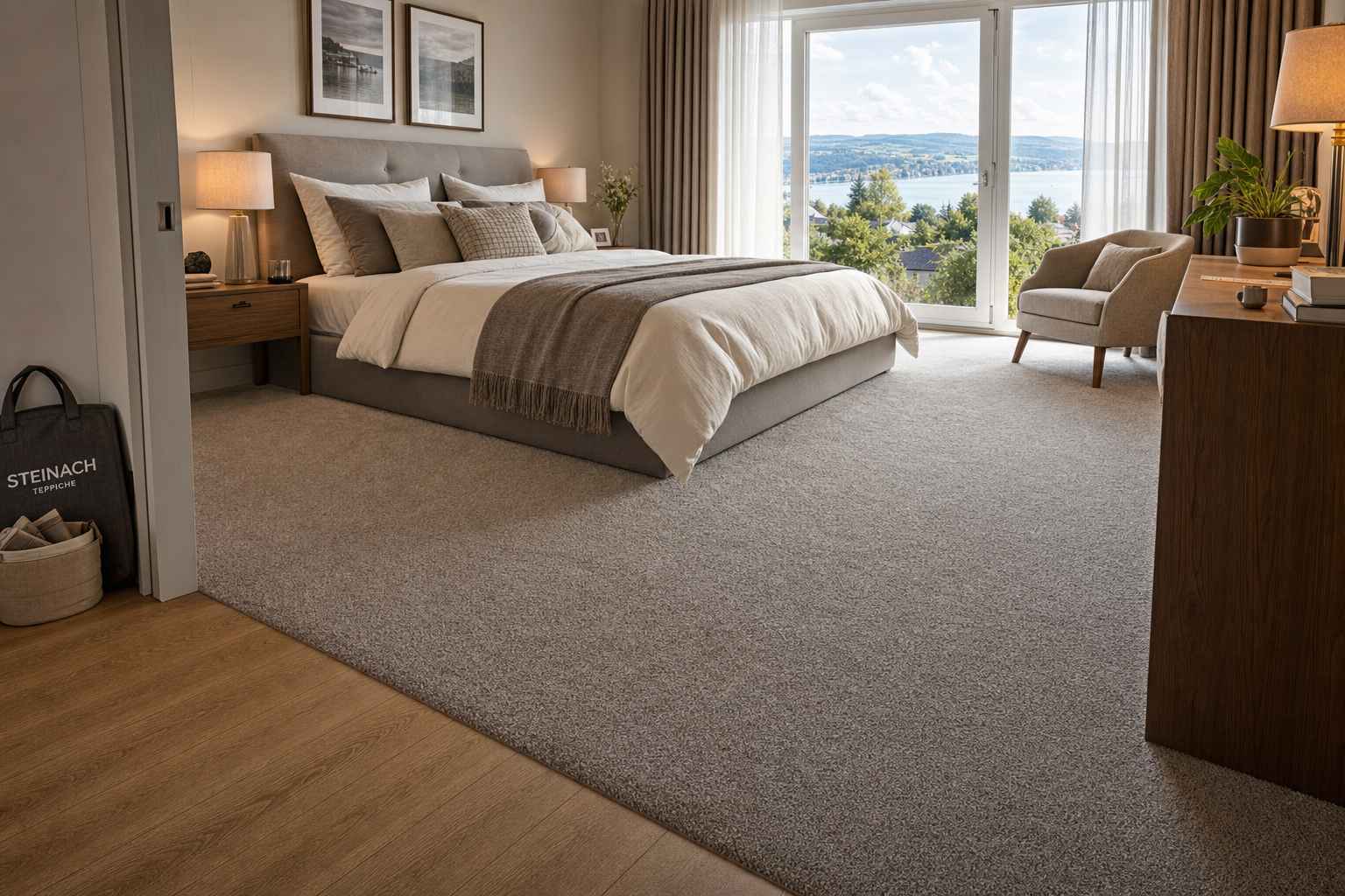 Teppichboden Steinach – Schlafzimmer Grau-Beige Schweizer Qualität