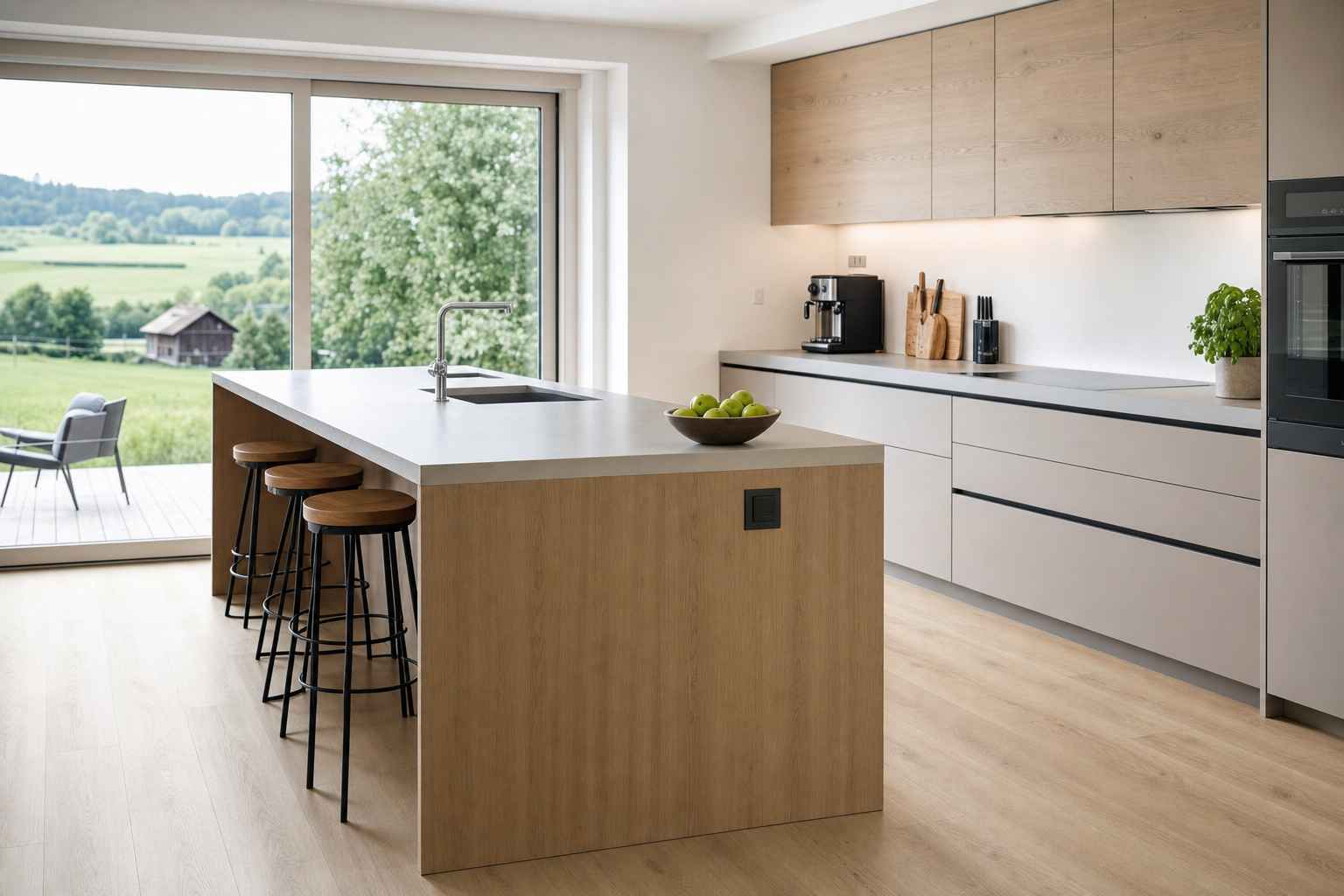 Wasserfester Vinyl-Designboden in Holzoptik in einer hellen modernen Küche — Bruderer Wohnen