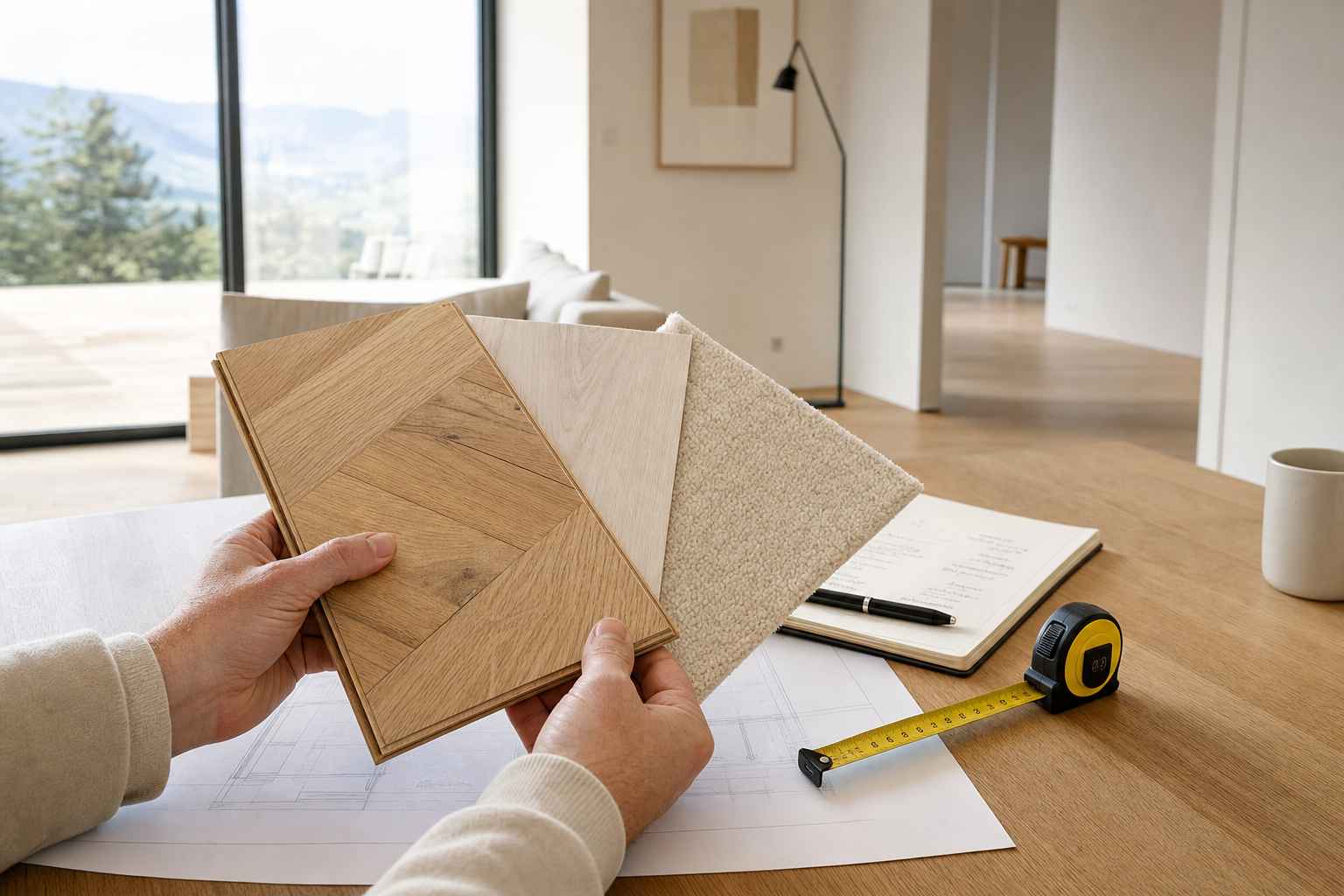 Bodenbelag-Muster — Parkett, Vinyl und Teppich im Vergleich bei der Heimberatung von Bruderer Wohnen